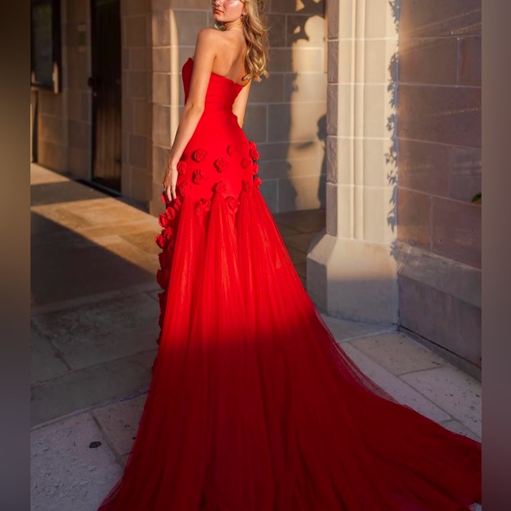 Selling my custom prom dress!! Red with roses, long tail! Fits sizes 0,2